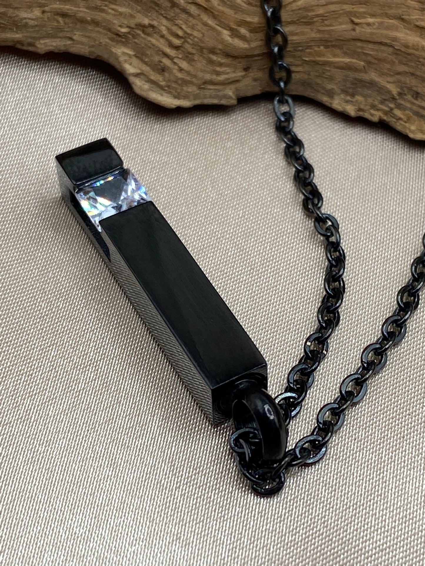 Black stainless steel memorial necklace with crystal stone