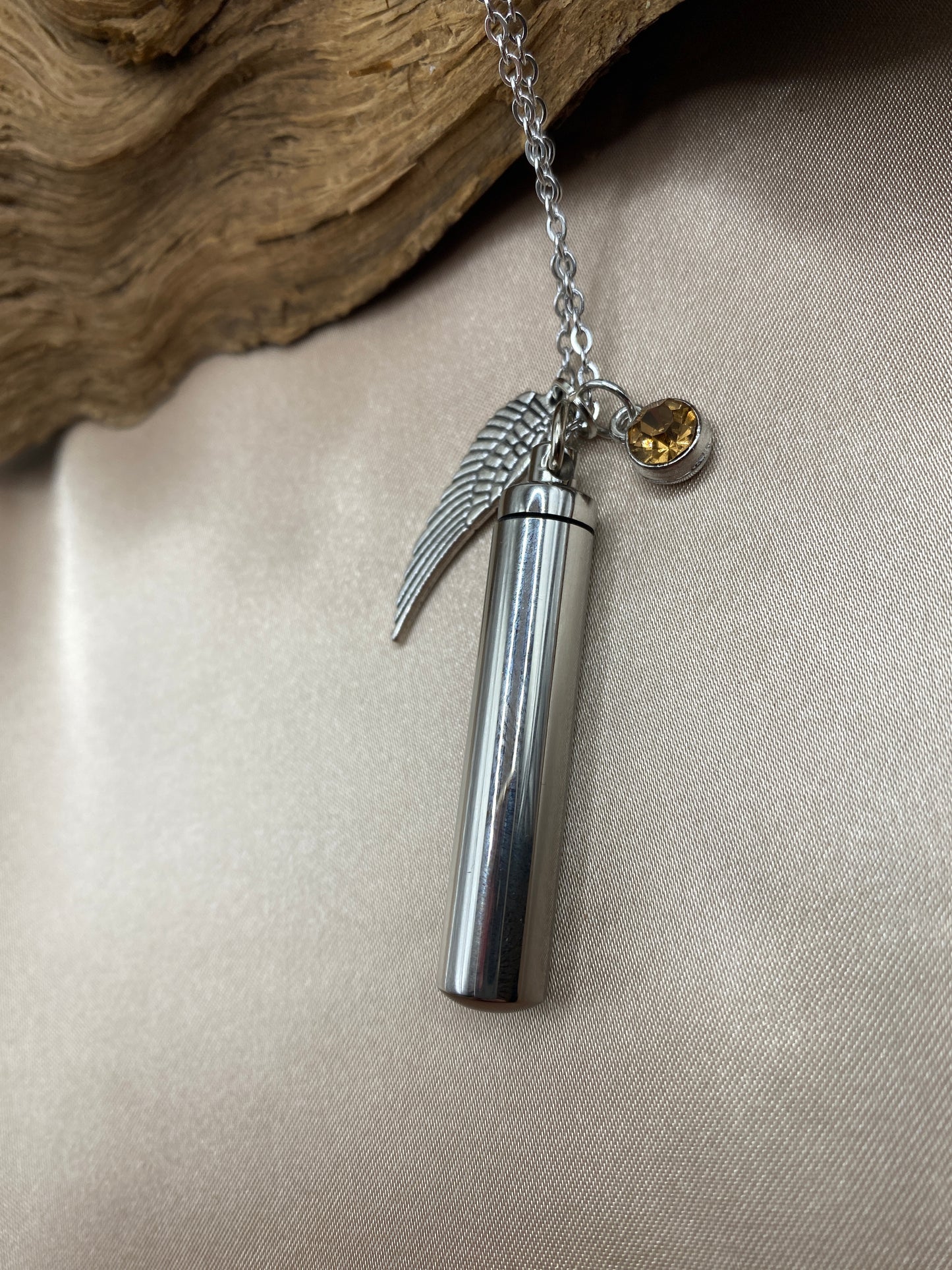 Cylinder cremation necklace with Angel wing charm and yellow goldstone