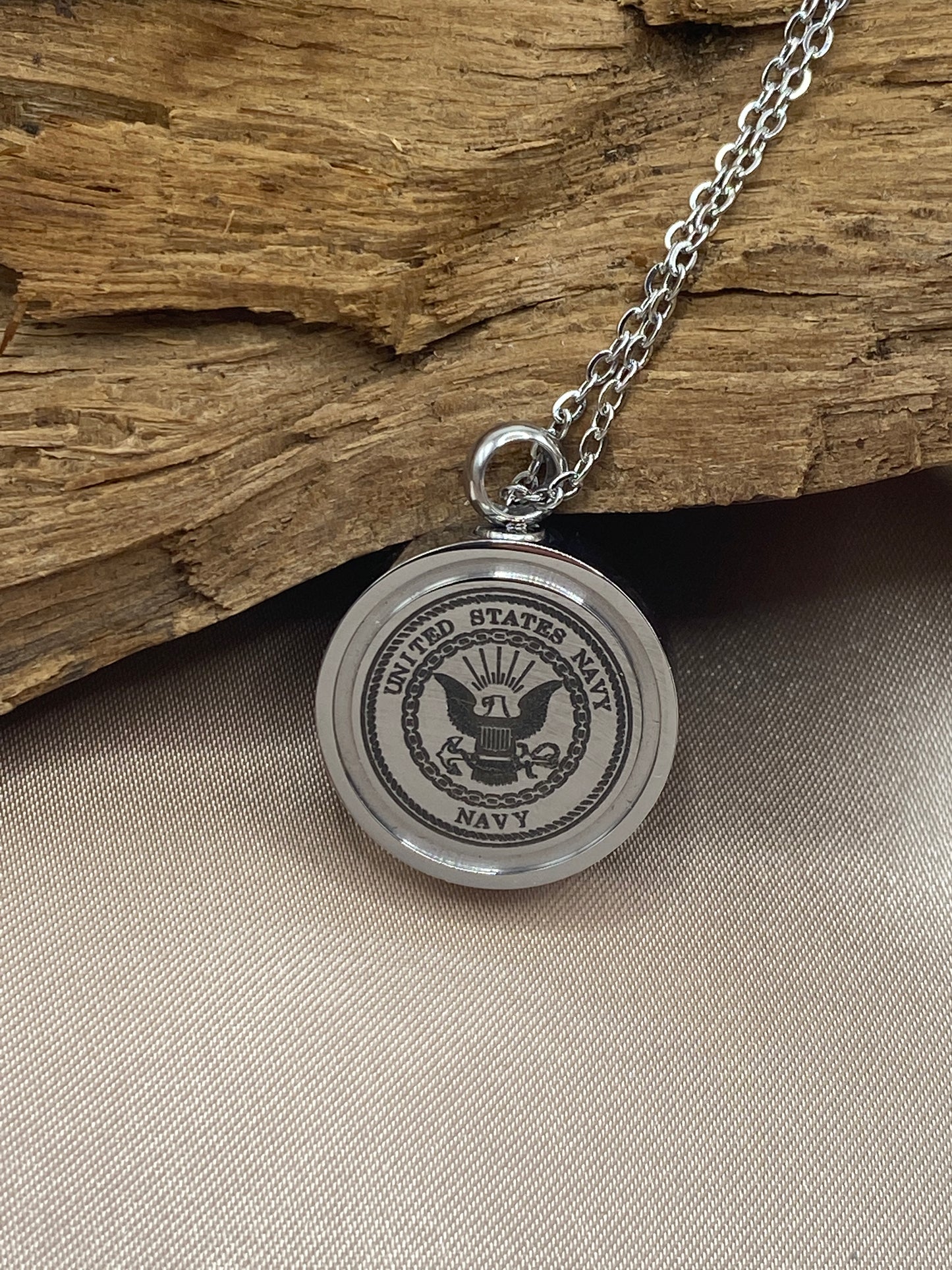 United States Navy Urn Necklace - Engravable Memorial Jewelry with Navy emblem