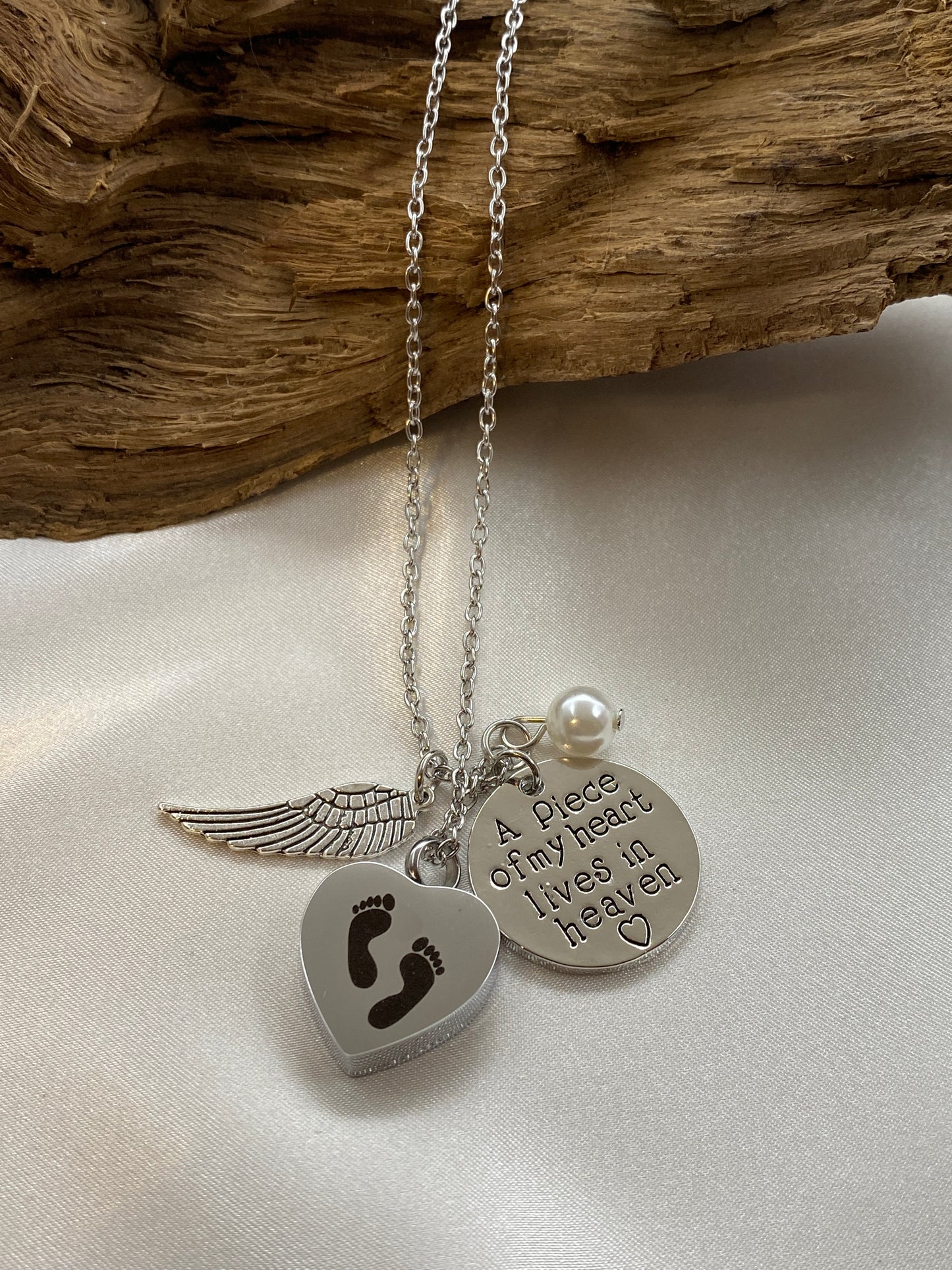 Cremation heart necklace with Angel wing and inspirational charm