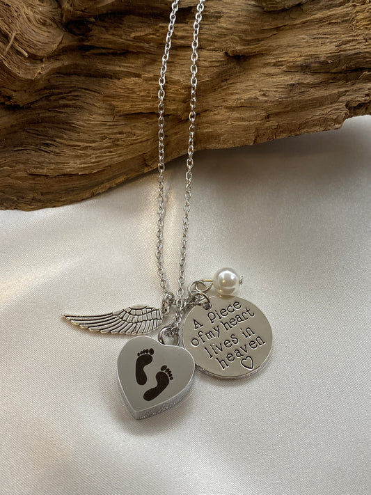 Cremation heart necklace with Angel wing and inspirational charm