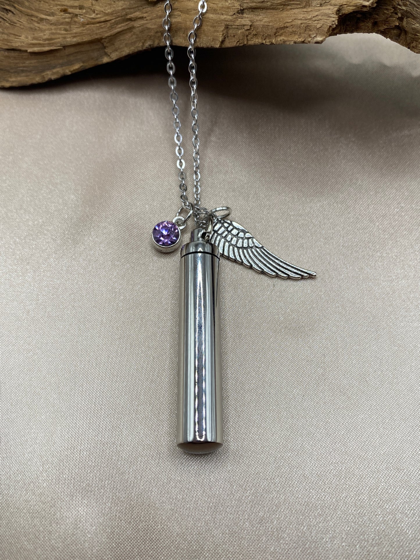 Cylinder cremation necklace with Angel wing charm and violet purple stone