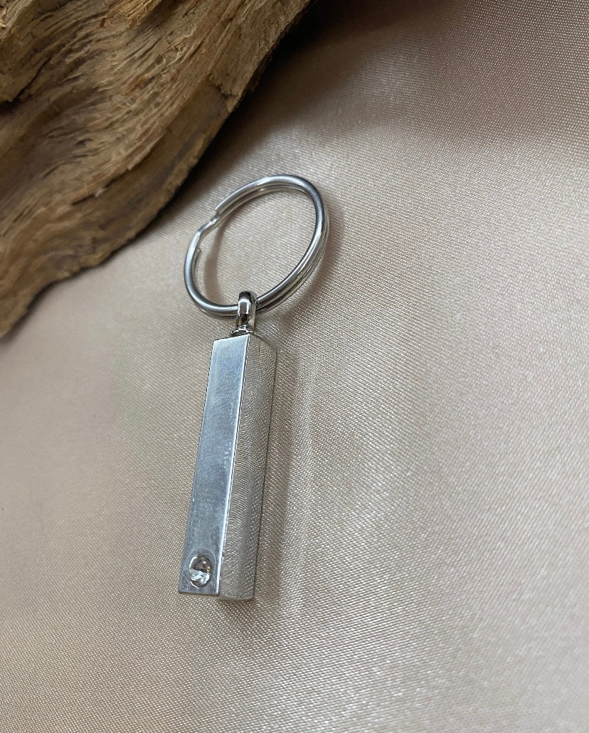 Silver Bar Memorial Cremation Keychain – Stainless Steel Ash Holder with Clear Stone