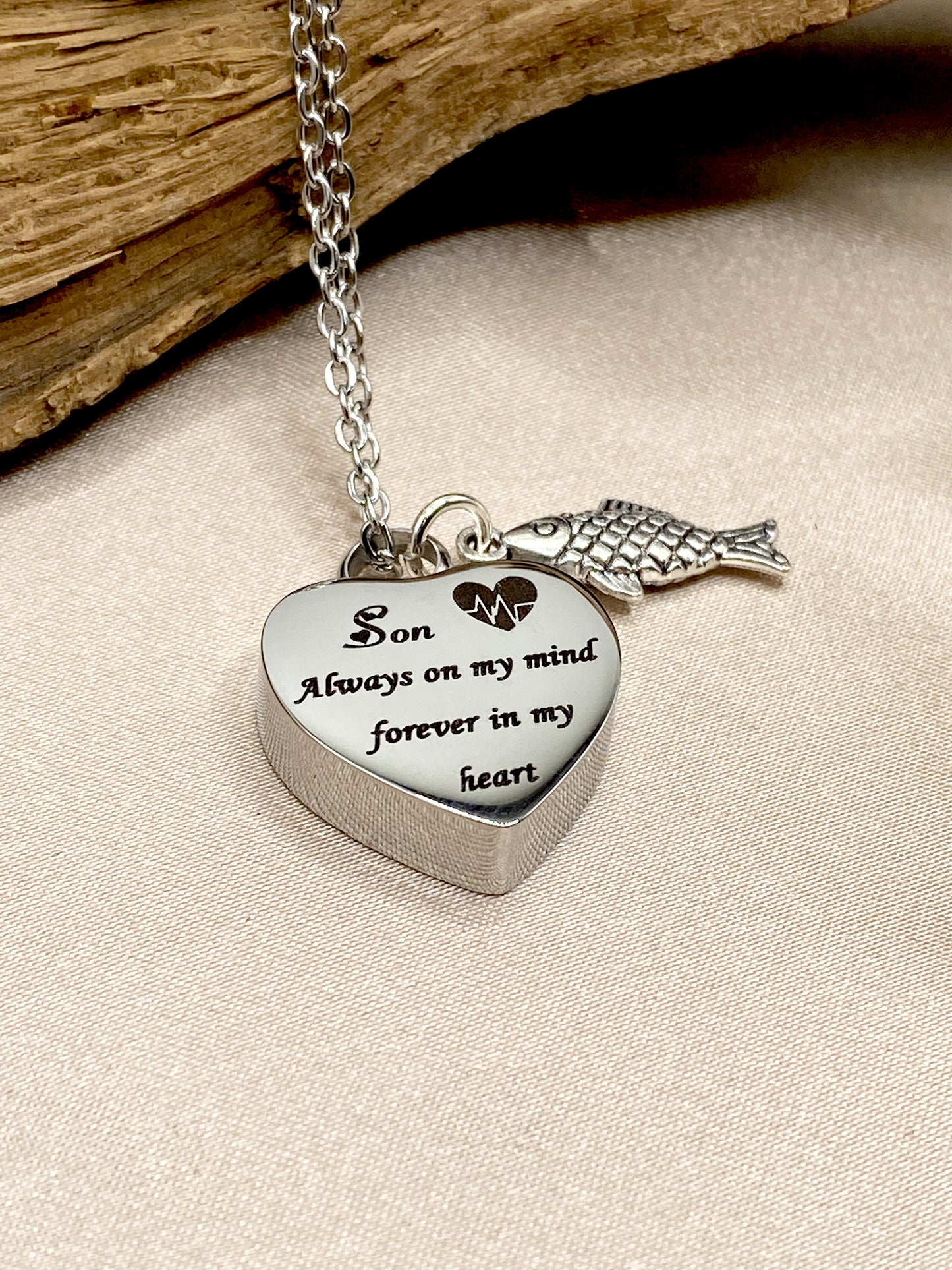 Silver Heart Urn Necklace – 'Son Always on My Mind' Engraved Memorial