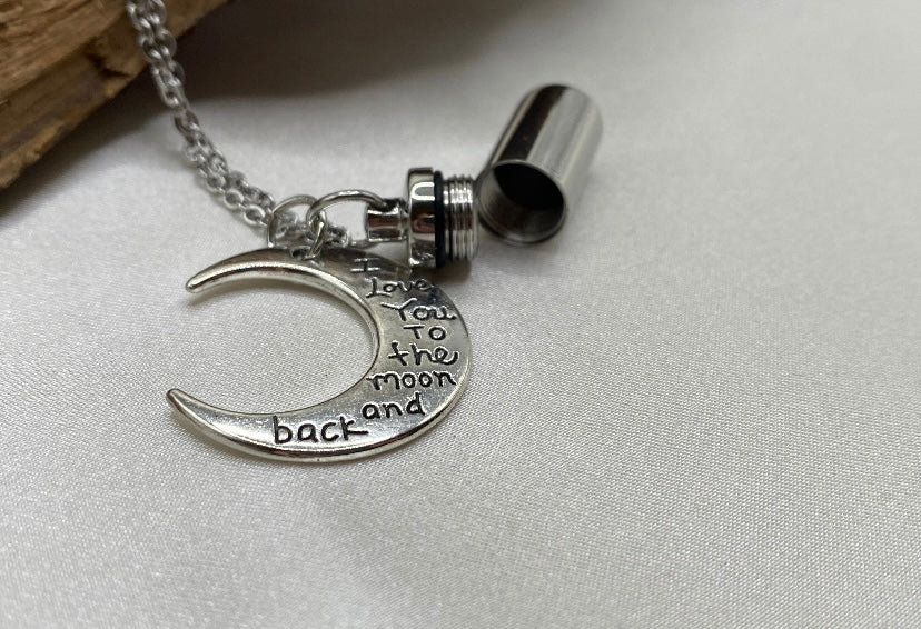 Personalized cremation necklace, Memorial urn jewelry cremation necklace, cylinder with moon charm, cremate jewelry necklace, ash holder