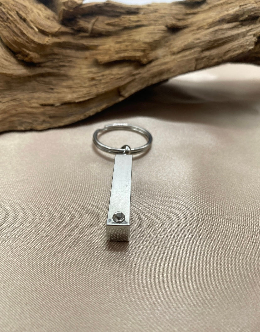 Silver Bar Memorial Cremation Keychain – Stainless Steel Ash Holder with Clear Stone