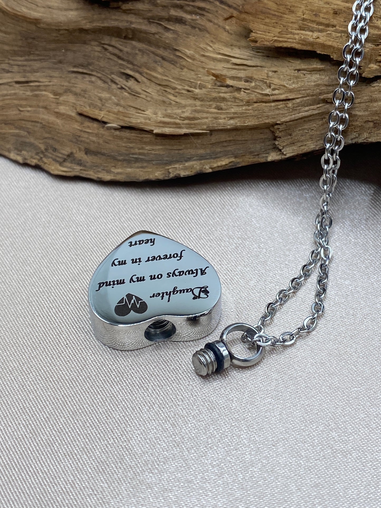 Heart Urn Necklace – 'Daughter Always on My Mind' Engraved Memorial