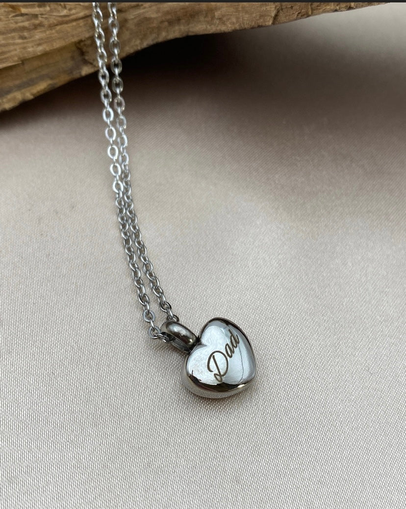 Small Silver Heart Cremation Necklace – Engraved "Dad" Memorial Jewelry
