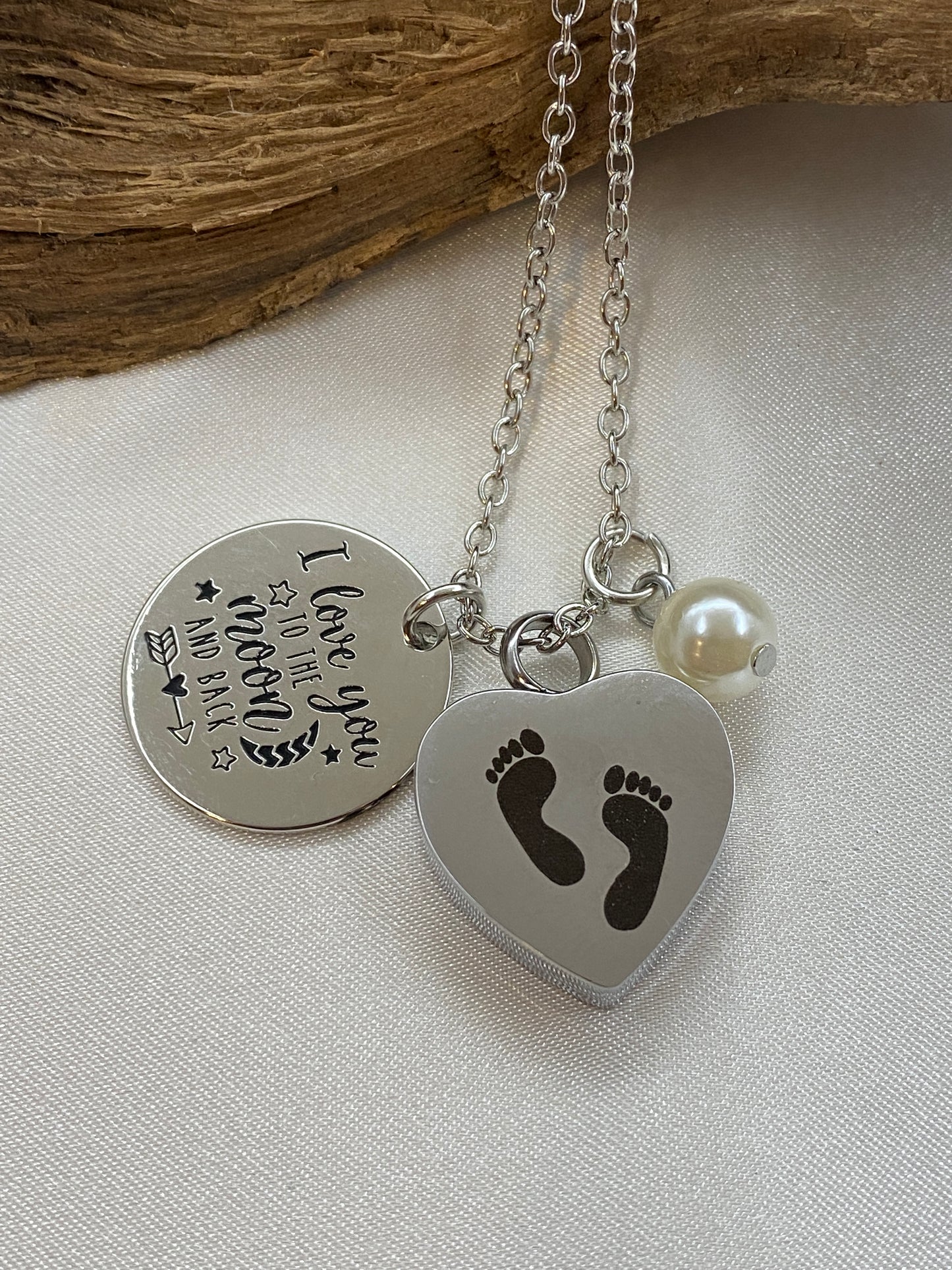 Stainless steel cremation heart necklace with inspirational charm and pearl
