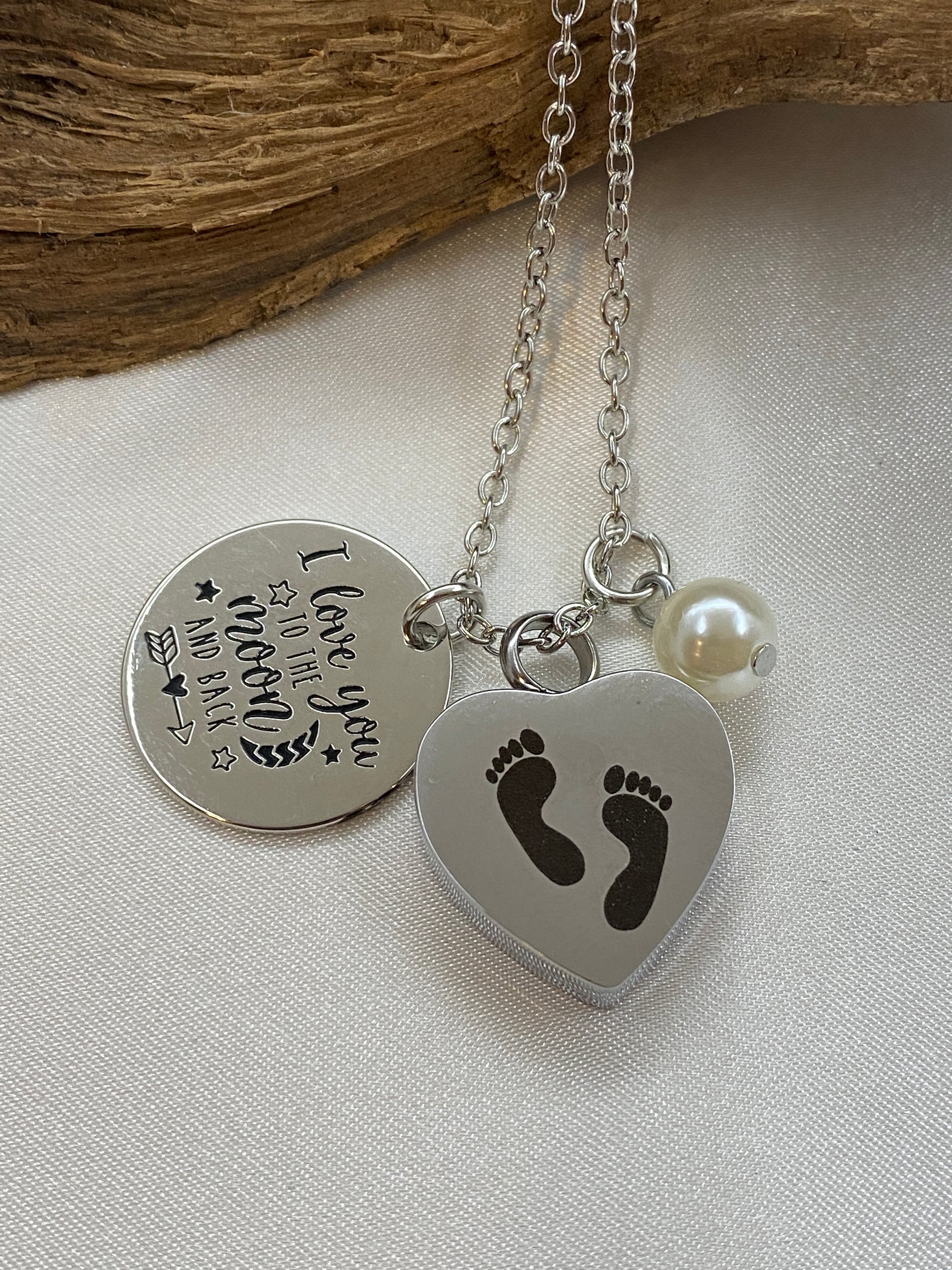 Stainless steel cremation heart necklace with inspirational charm and pearl