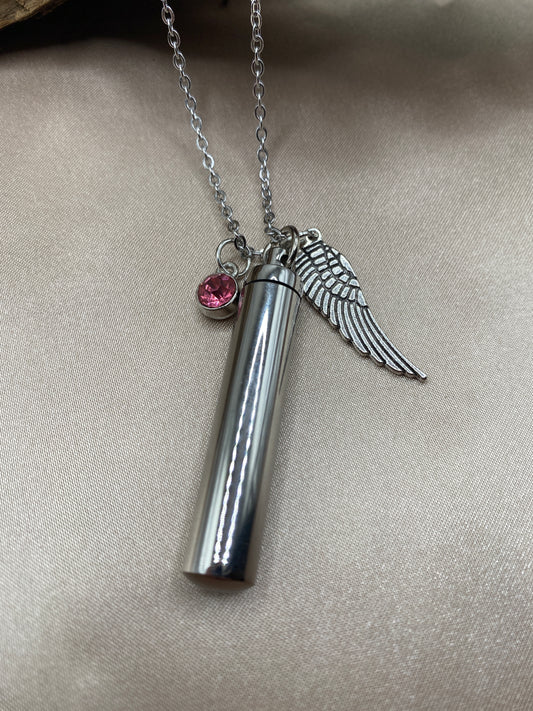 Cylinder cremation necklace with Angel wing charm and rosy pink stone