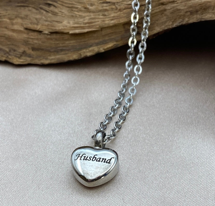 Small Silver Heart Cremation Necklace – Engraved "Husband" Memorial Jewelry