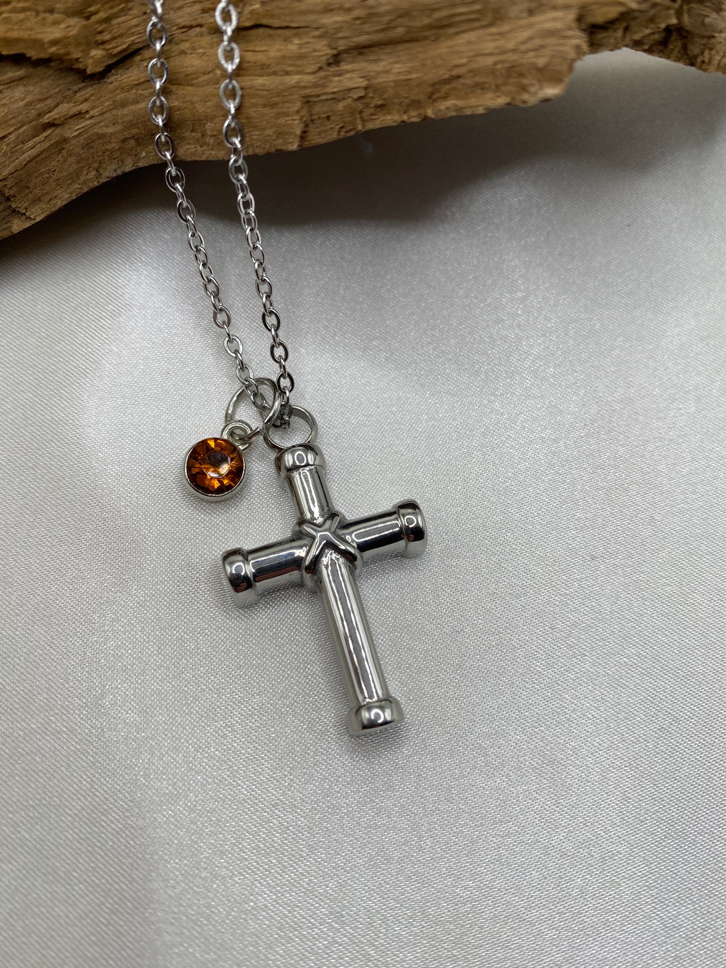 cremation cross necklace for ashes with burnt orange Stone
