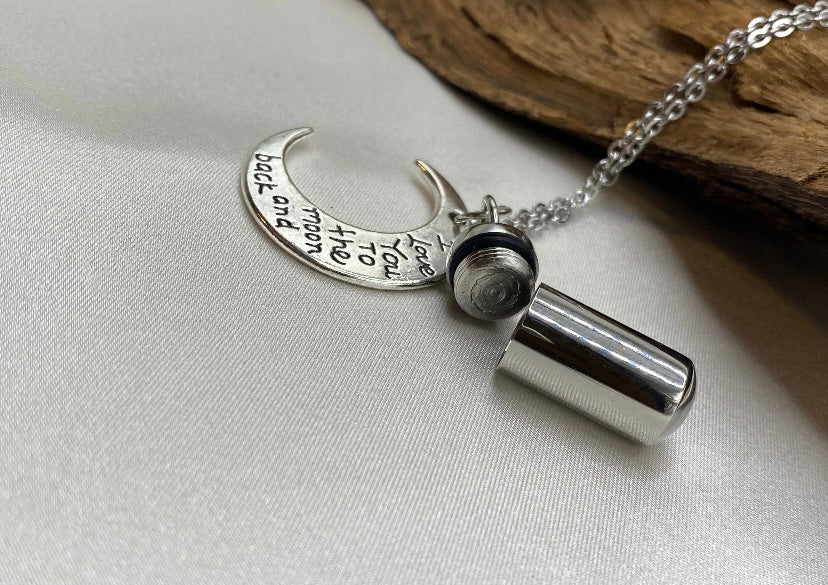 Personalized cremation necklace, Memorial urn jewelry cremation necklace, cylinder with moon charm, cremate jewelry necklace, ash holder