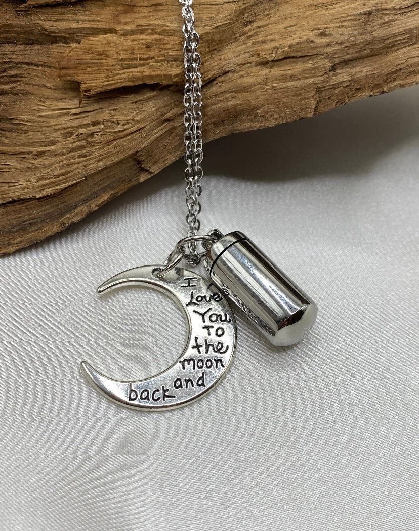 Personalized cremation necklace, Memorial urn jewelry cremation necklace, cylinder with moon charm, cremate jewelry necklace, ash holder