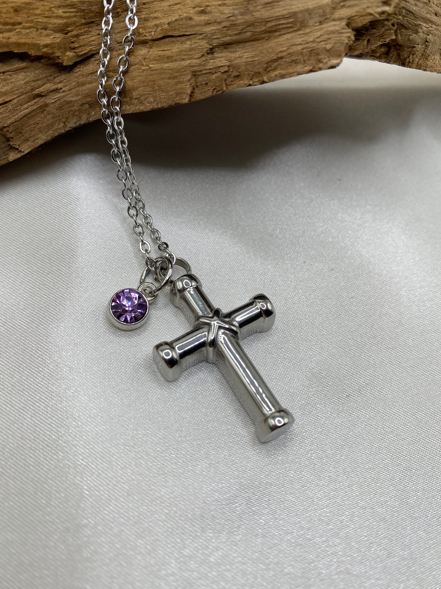 Classic Cross Urn Memorial Necklace with Birth Stone - Personalized Keepsake for Human Ashes, Engravable Stainless Steel Pendant