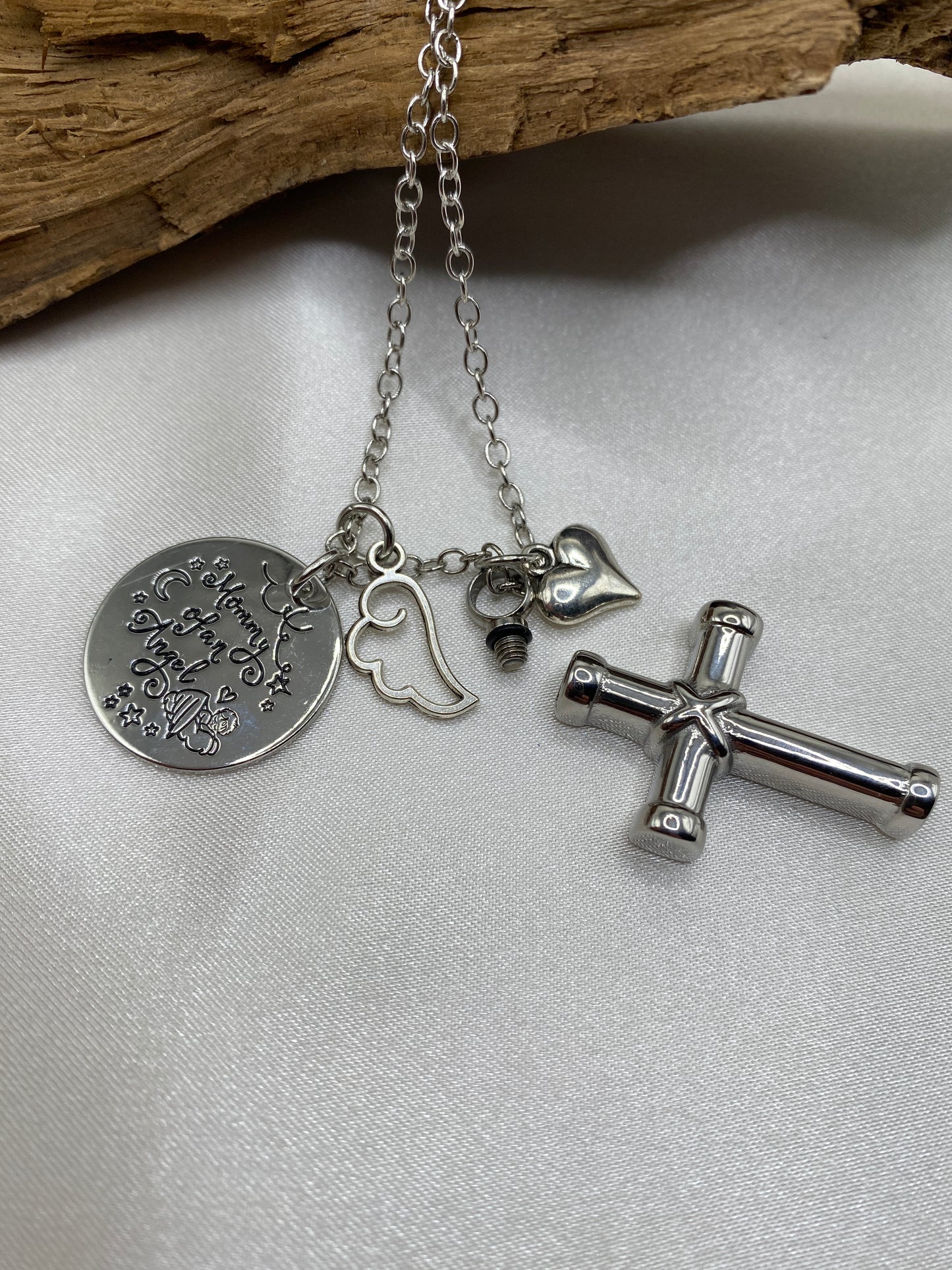 Cremation cross with Angel wing, heart and inspirational charm
