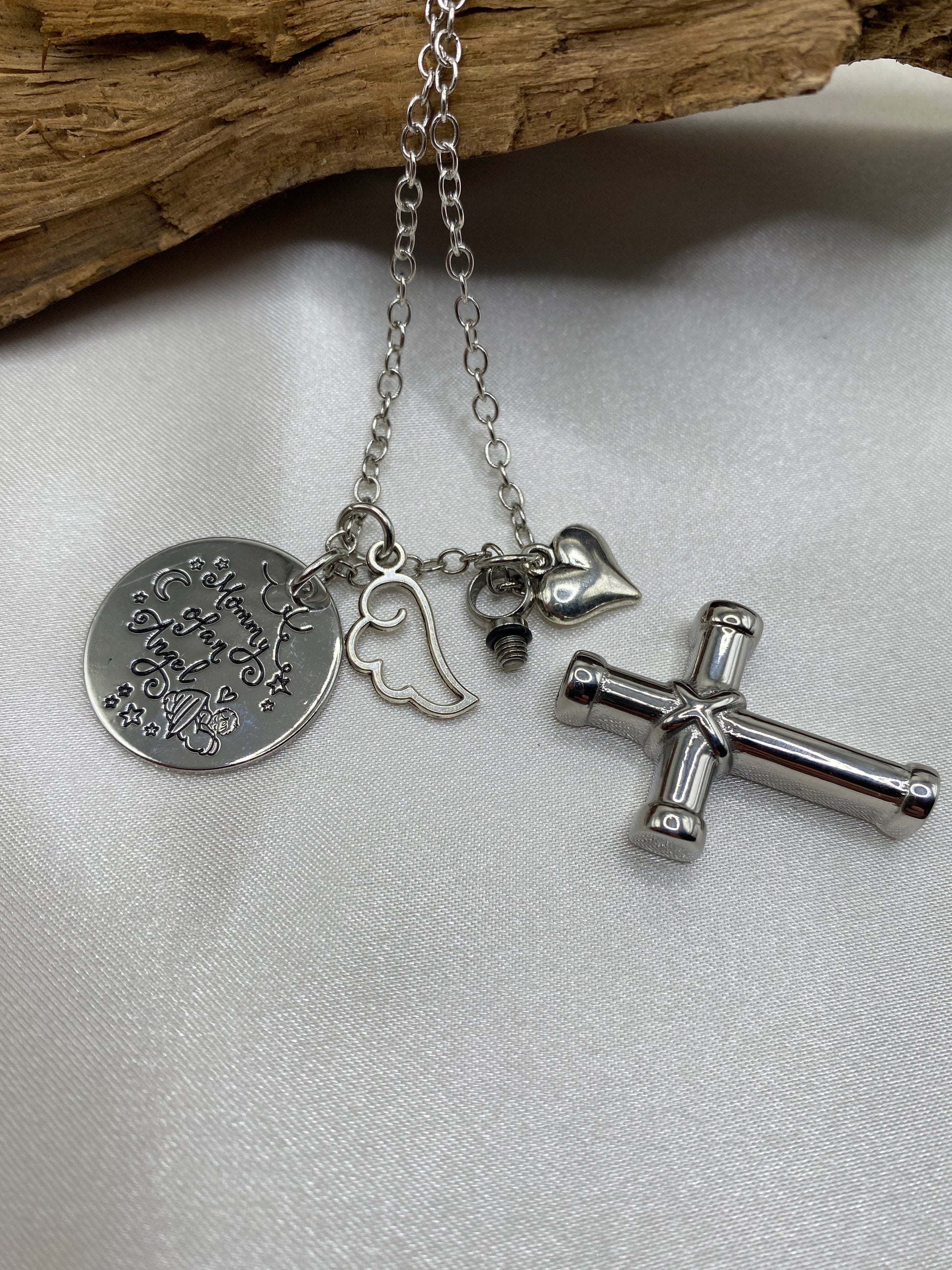 Cremation cross with Angel wing, heart and inspirational charm