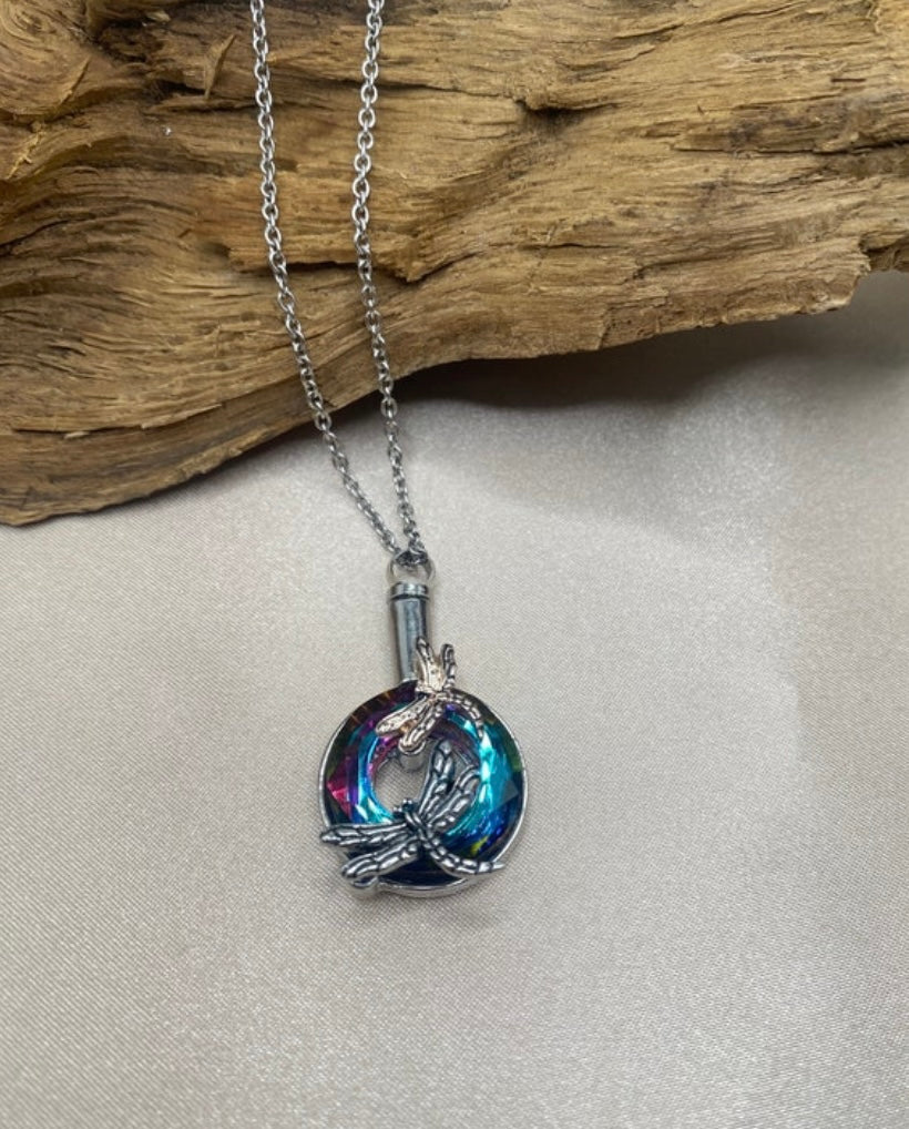 Dragonfly Urn Necklace – Iridescent Memorial Pendant for Ashes