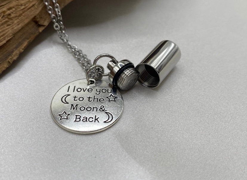 Personalized Cremation jewelry, cylinder urn pendant, locket with moon pendant, I love you to the moon and back, memorial urn jewelry