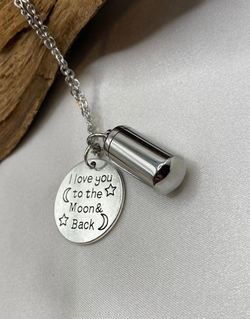 Personalized Cremation jewelry, cylinder urn pendant, locket with moon pendant, I love you to the moon and back, memorial urn jewelry