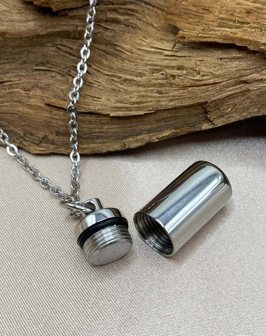 Small Cylinder Urn Necklace - Stainless Steel Pet Urn or Memorial Jewelry - Engravable to Hold Human Ashes or Pet Ashes