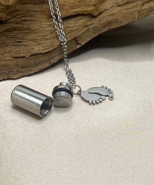 Small Silver Cylinder Cremation Urn with Baby Feet Charm - Engravable Stainless Steel Memorial Jewelry for Men and Women, Loss of Baby Remembrance