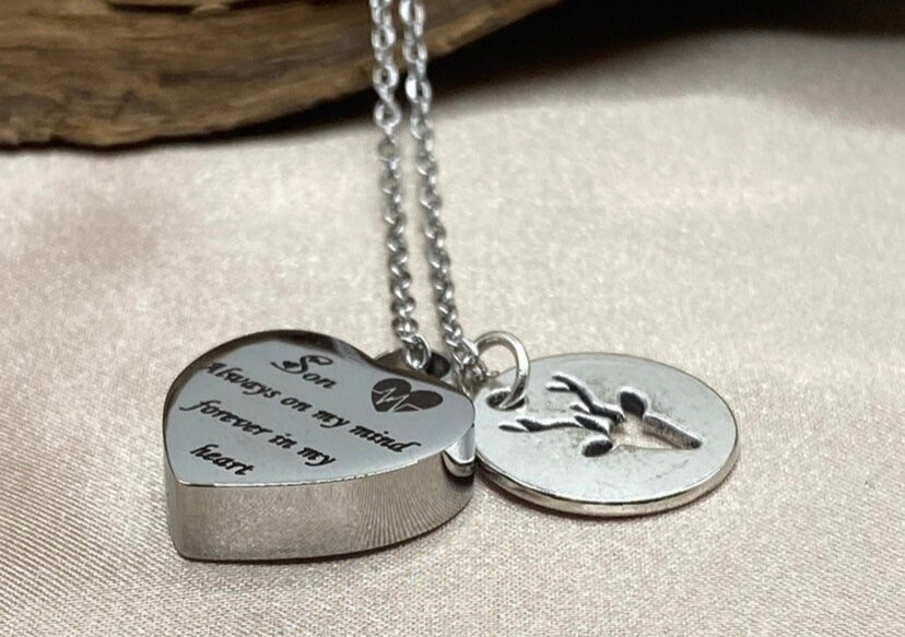 Heart Cremation Urn Necklace - Engraved with 'Son Always on My Mind Forever in Heart' - Personalized Message on Back - Deer Charm - Stainless Steel