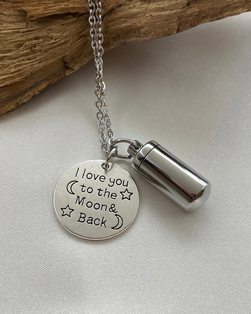 Personalized Cremation jewelry, cylinder urn pendant, locket with moon pendant, I love you to the moon and back, memorial urn jewelry