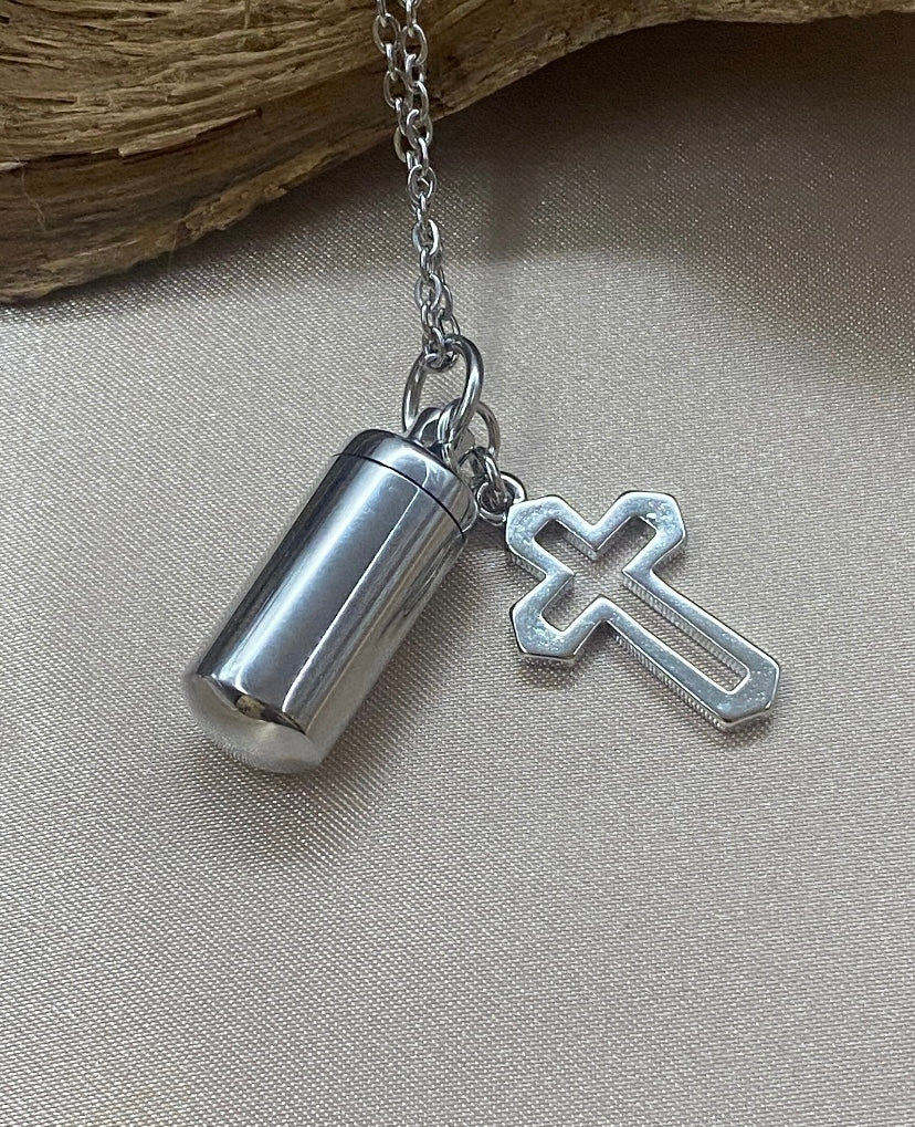 Small Cylinder Cremation Urn Pendant Necklace with Silver Cross Charm - Personalizable Stainless Steel Memorial Jewelry