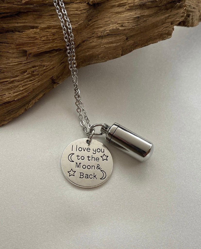 Personalized Cremation jewelry, cylinder urn pendant, locket with moon pendant, I love you to the moon and back, memorial urn jewelry