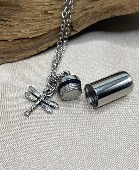 Small Silver Cylinder Cremation Urn with Dragonfly Charm - Engravable Stainless Steel Memorial Jewelry for Women