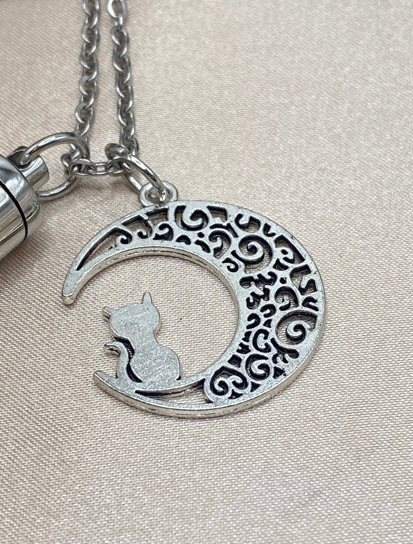 Cylinder Urn Necklace with Cat and Crescent Moon Charm - Personalized Pet Memorial Jewelry for Holding Ashes