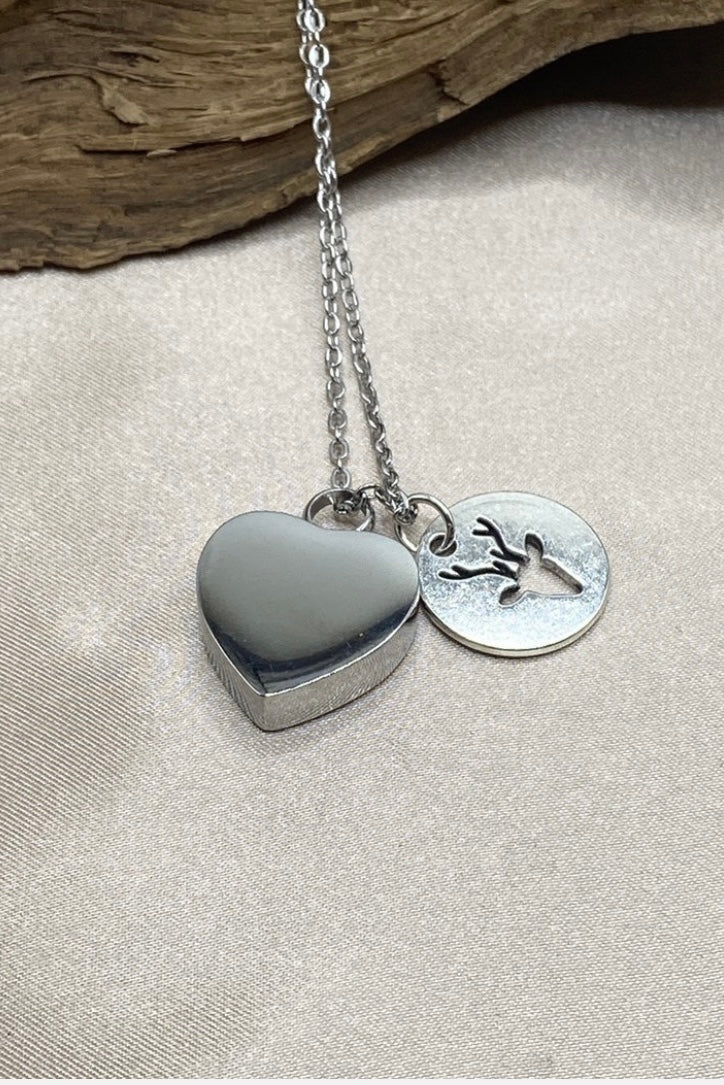 Heart Cremation Urn Necklace - Engraved with 'Son Always on My Mind Forever in Heart' - Personalized Message on Back - Deer Charm - Stainless Steel