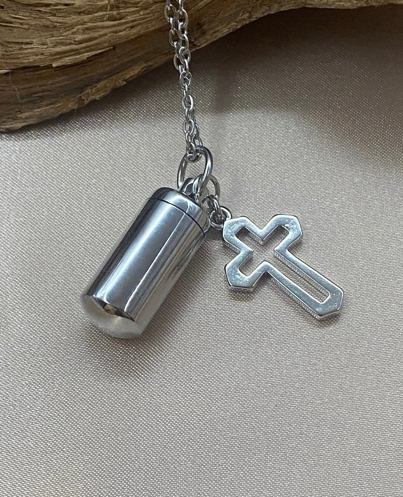 Small Cylinder Cremation Urn Pendant Necklace with Silver Cross Charm - Personalizable Stainless Steel Memorial Jewelry