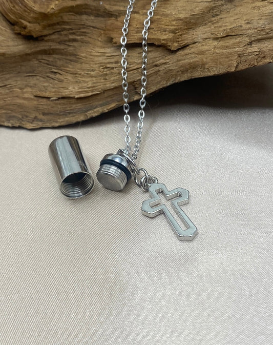 Small Silver Cylinder Cremation Urn Necklace with Cross Charm - Personalized Engraving - Locket for Pet or Human Ashes - Memorial Jewelry for Men and Women