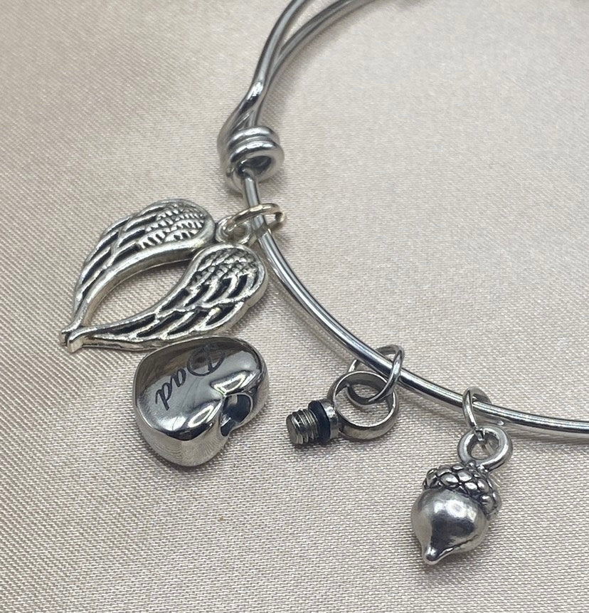 Angel Wing and Acorn charms with Heart locket for ashes