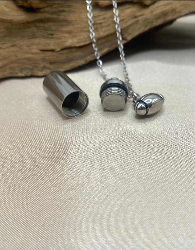 Cylinder Urn Necklace with Football Charm - Personalized Memorial Jewelry for Holding Ashes, Engravable Stainless Steel Pendant