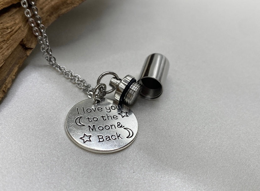 Personalized Cremation jewelry, cylinder urn pendant, locket with moon pendant, I love you to the moon and back, memorial urn jewelry