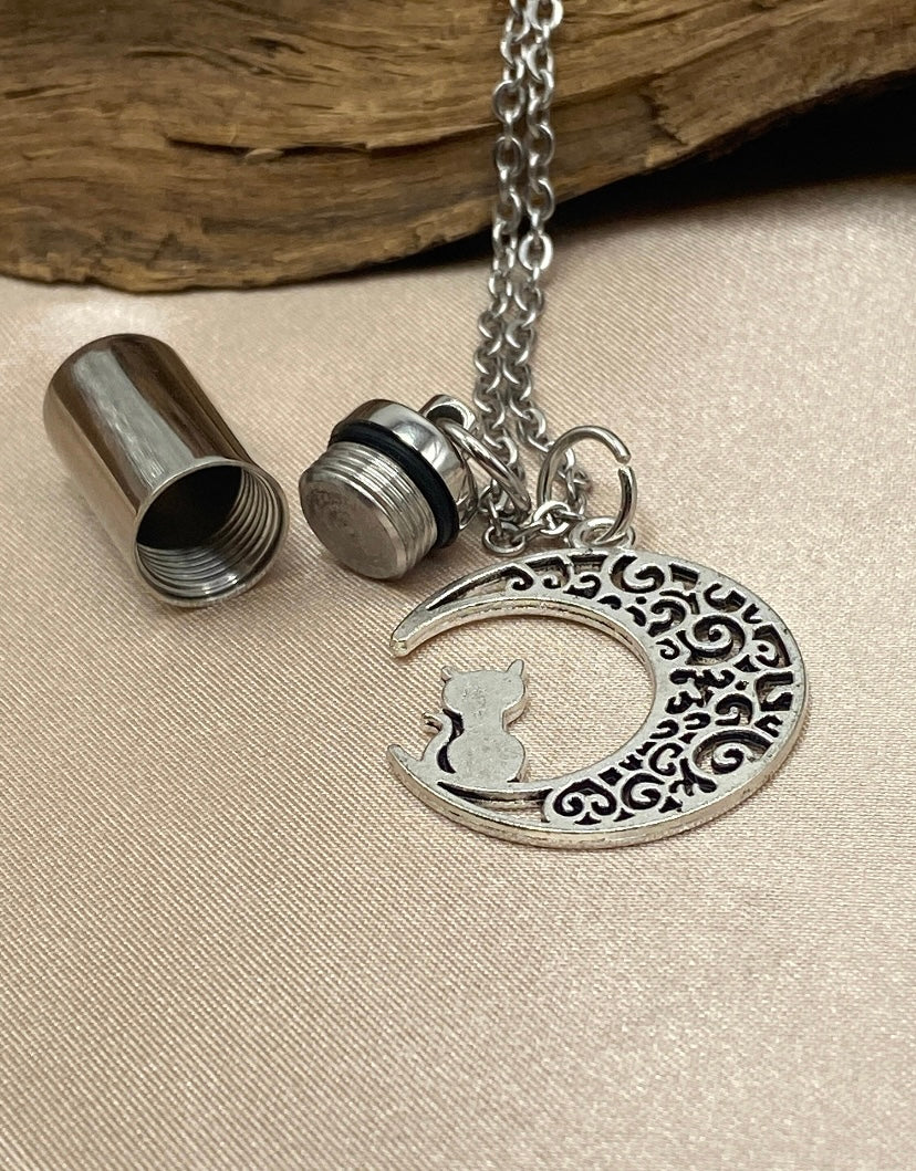 Cylinder Urn Necklace with Cat and Crescent Moon Charm - Personalized Pet Memorial Jewelry for Holding Ashes