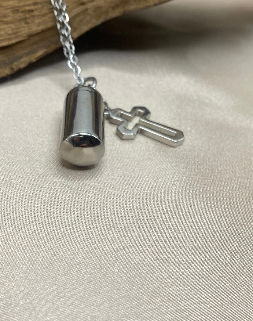 Small Cylinder Cremation Urn Pendant Necklace with Silver Cross Charm - Personalizable Stainless Steel Memorial Jewelry