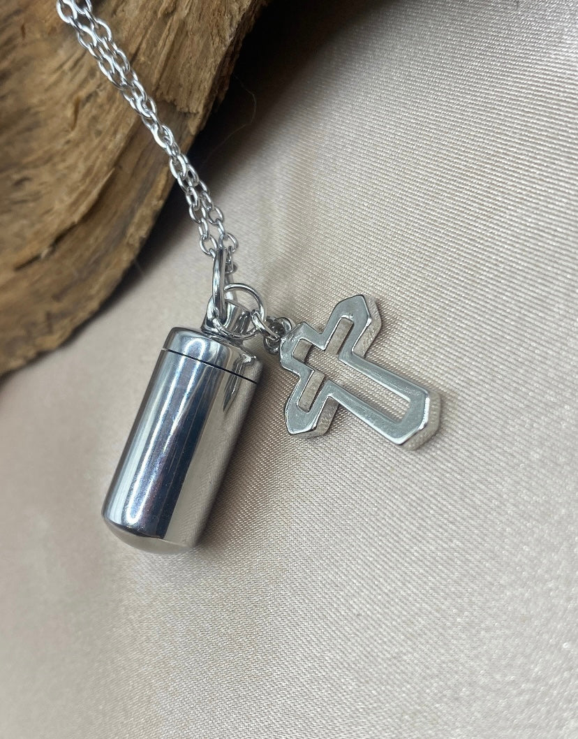 Small Cylinder Cremation Urn Pendant Necklace with Silver Cross Charm - Personalizable Stainless Steel Memorial Jewelry