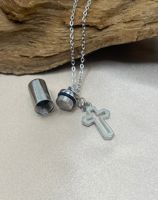 Small Cylinder Cremation Urn Pendant Necklace with Silver Cross Charm - Personalizable Stainless Steel Memorial Jewelry