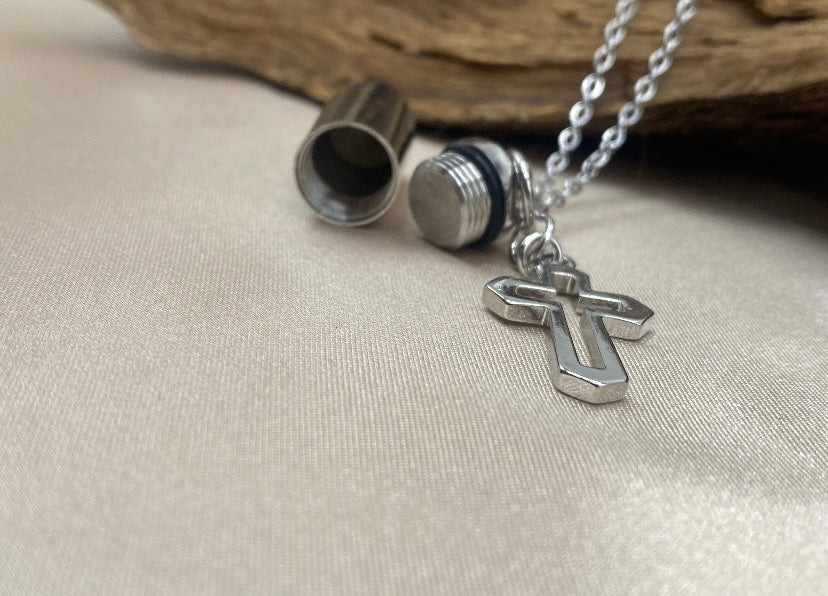 Small Cylinder Cremation Urn Pendant Necklace with Silver Cross Charm - Personalizable Stainless Steel Memorial Jewelry