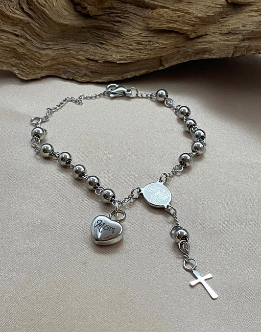 Rosary Bead Urn Bracelet with Heart-Shaped Urn Engraved with 'Mom' - Stainless Steel Urn Jewelry for Women - Personalized Keepsake for Human Ashes