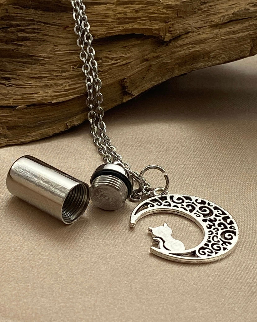 Cylinder Urn Necklace with Cat and Crescent Moon Charm - Personalized Pet Memorial Jewelry for Holding Ashes