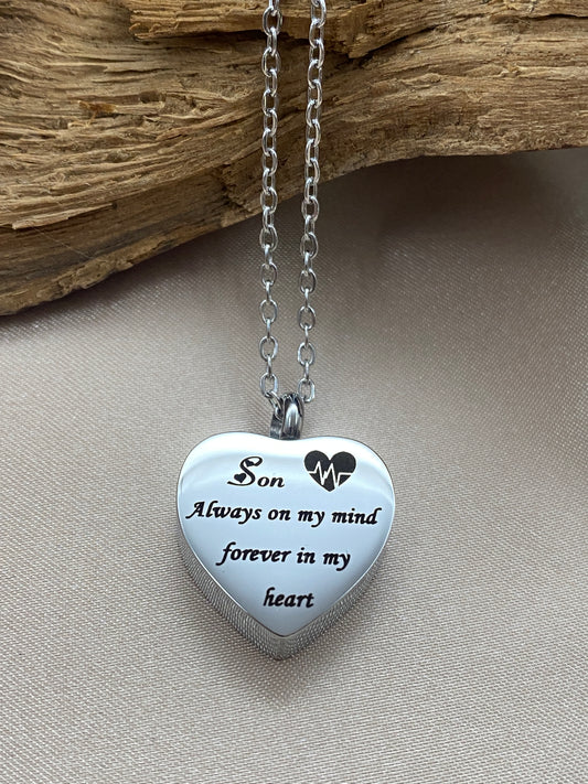 Heart Shaped Cremation Urn Necklace Engraved with 'Son' - Stainless Steel Cremation Pendant for Ashes with Inscription 'Always on My Mind, Forever in My Heart' - A Personalized Memorial Jewelry for Loss of Son