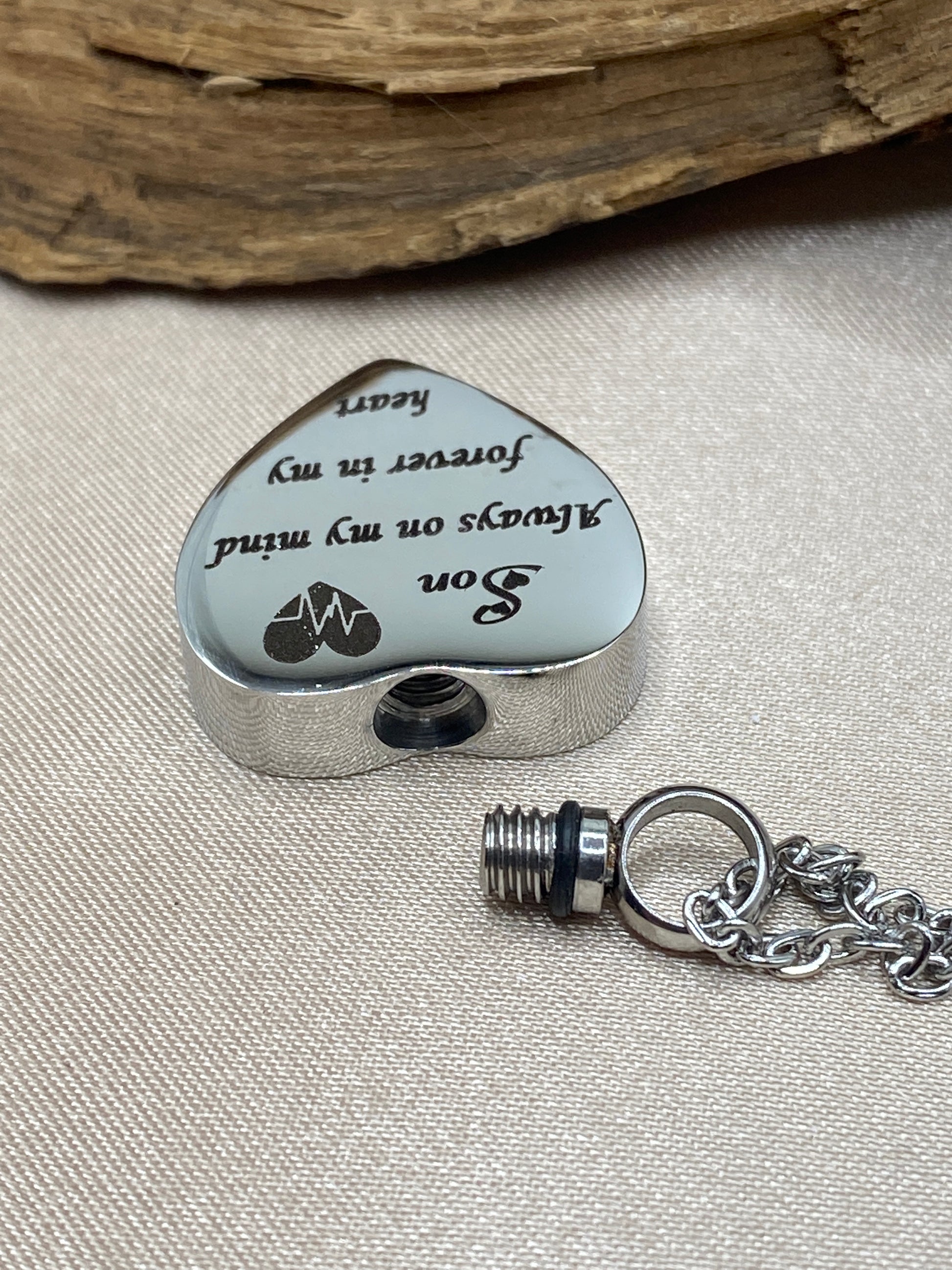 Heart Shaped Cremation Urn Necklace Engraved with 'Son' - Stainless Steel Cremation Pendant for Ashes with Inscription 'Always On My Mind, Forever in