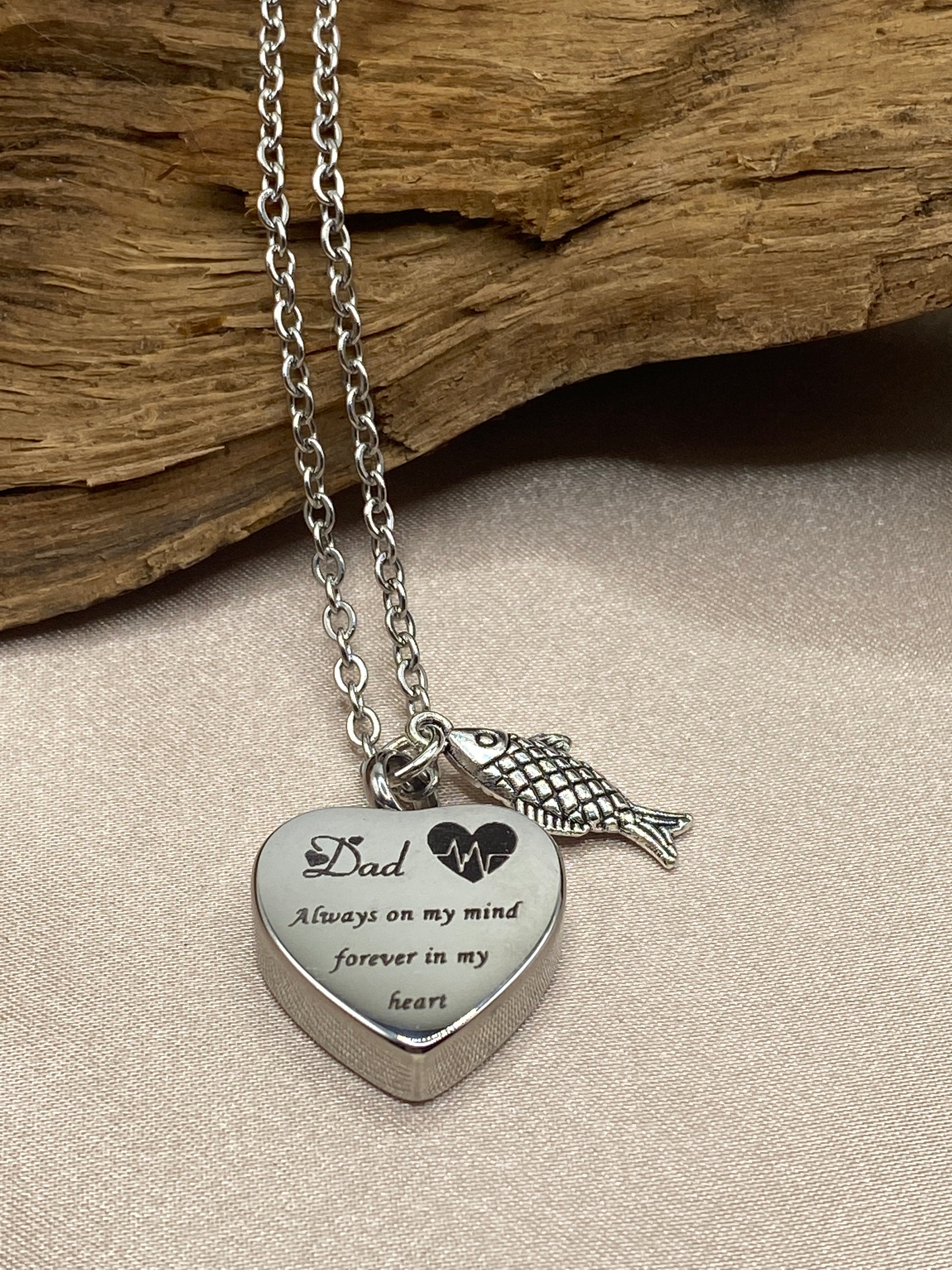 Heart Urn Necklace for Dad – Memorial Pendant with Fish Charm for