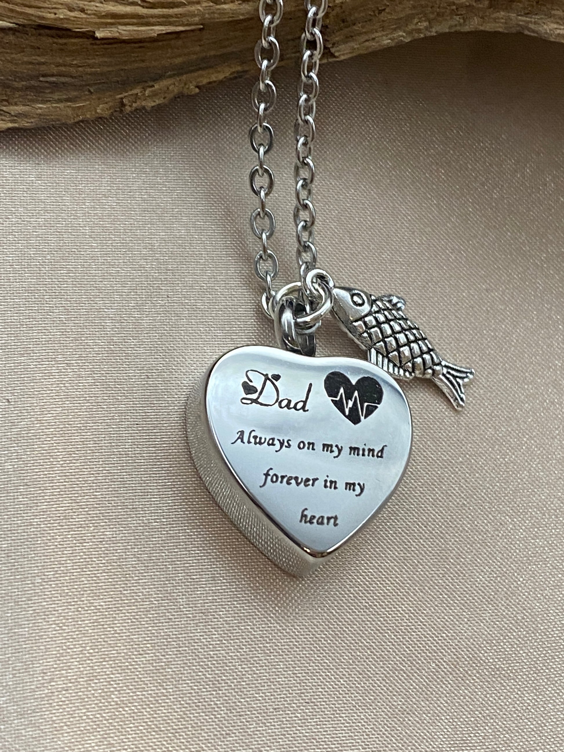 Heart Cremation Urn Necklace Engraved with 'Dad, Always On My Mind, Forever in My Heart' - Stainless Steel Memorial Pendant with Fish Charm for